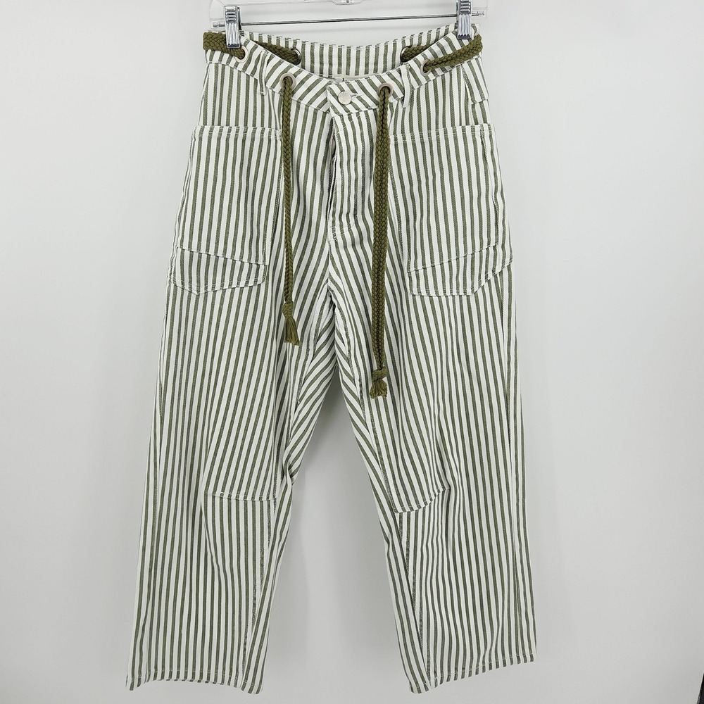 Aaron & Amber Green Striped Cropped Denim Pants Jeans Drawstring Nautical Small